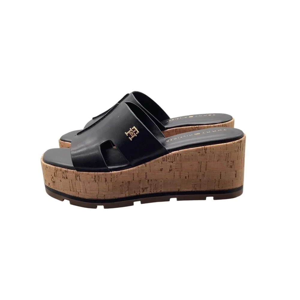 Tommy Hilfiger Heliena Black Cork Platform Wedge Sandals Womens 7M Gold Monogram